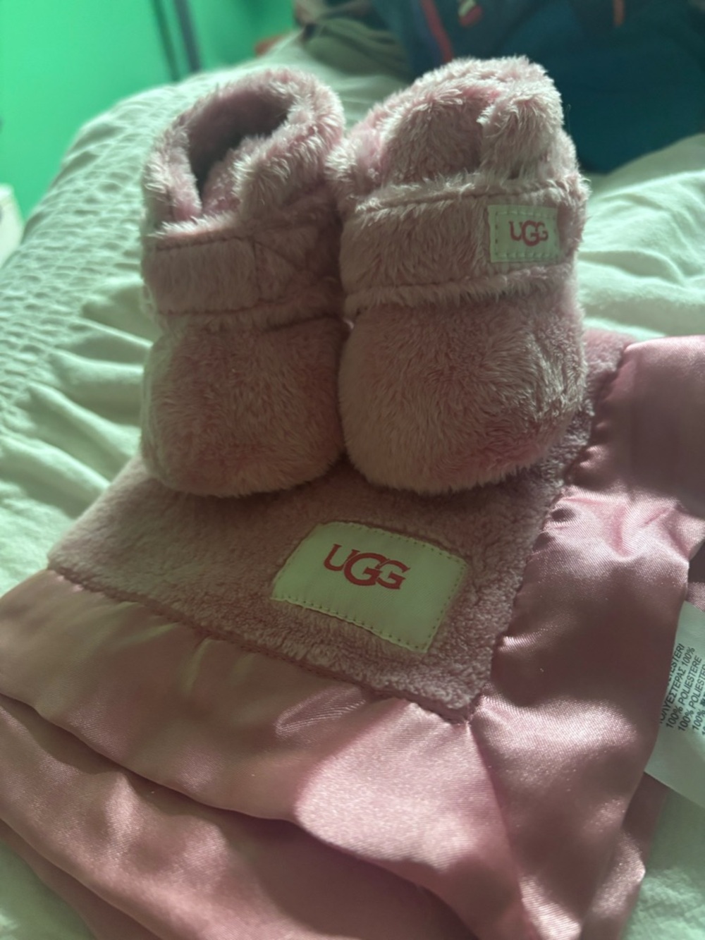 UGG Pink Plush Baby Booties with Matching Pink Blanket Set